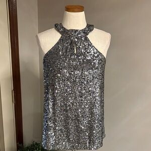 Silver Sequin Halter tank Top stretchy Cable & Gauge holiday evening formal med
